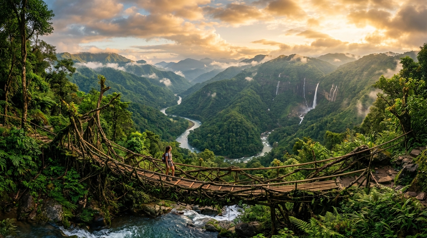 Northeast India — Living root bridge over a turquoise river with misty mountains and waterfalls